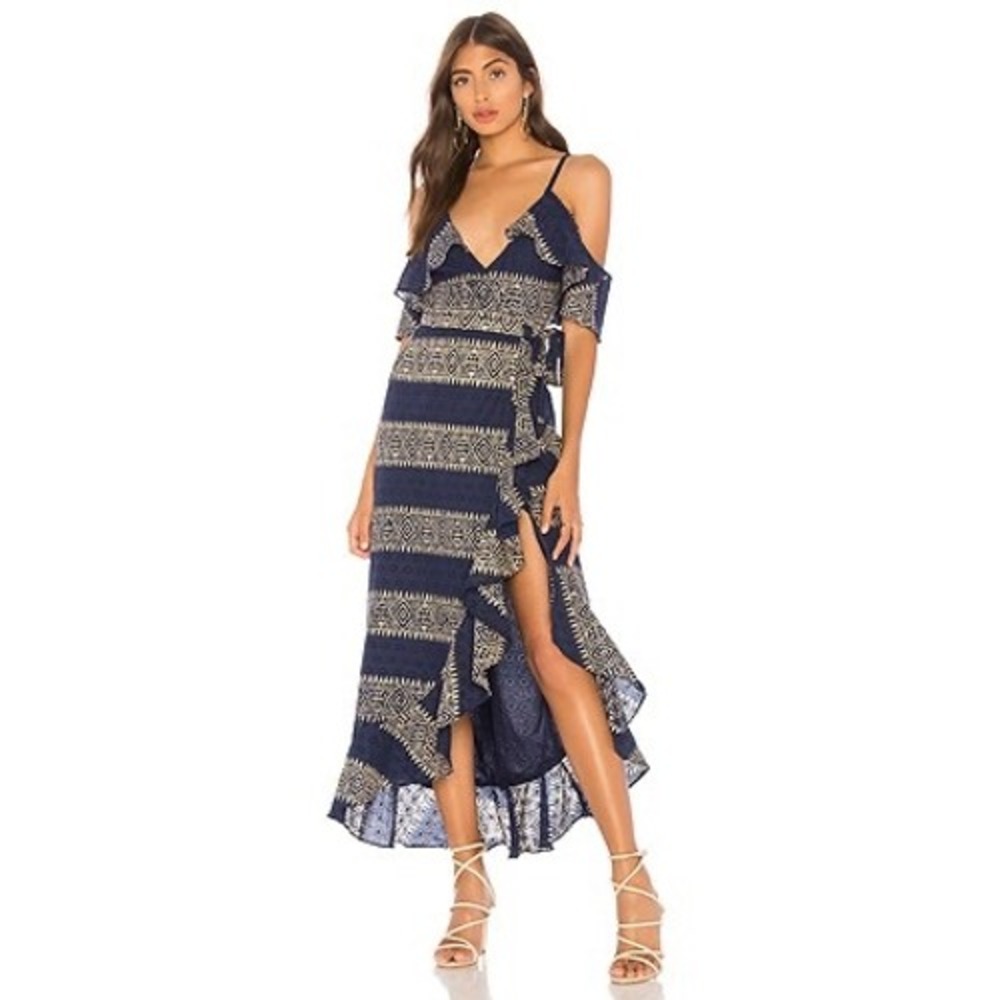 Tularosa Margie Dress Indigo Blue Embroidered Wrap High Low Small NWT Revolve